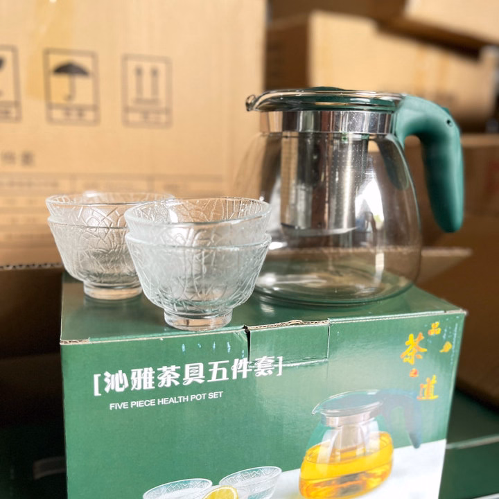 Bộ Bình/Ấm Chén Trà Có Khay Lọc 5 Món, Bình Lọc Trà Thủy Tinh Giữ Nhiệt Cao Cấp - Su - Ảnh 6