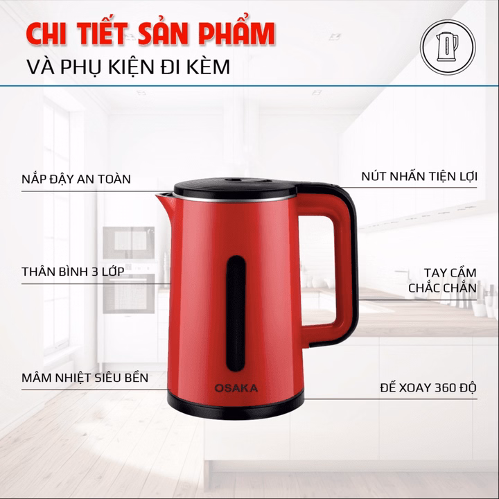 Bình Đun Siêu Tốc 3 Lớp Inox Kt1818 (Đỏ) - Osaka - Ảnh 2