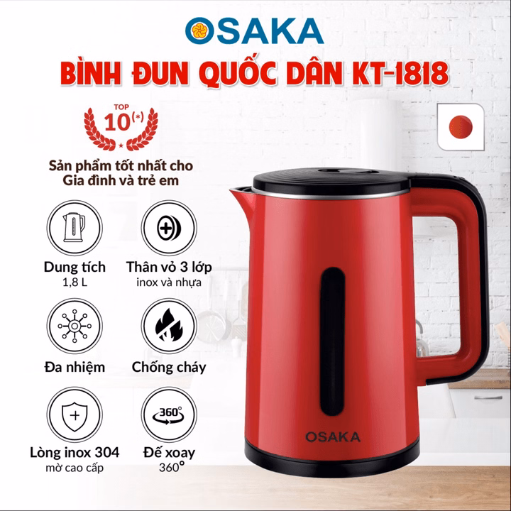 Bình Đun Siêu Tốc 3 Lớp Inox Kt1818 (Đỏ) - Osaka