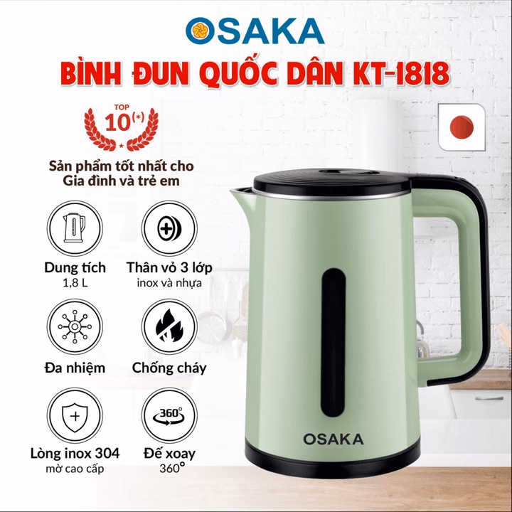 Bình Đun Siêu Tốc 3 Lớp Inox Kt1818 (Xanh) - Osaka