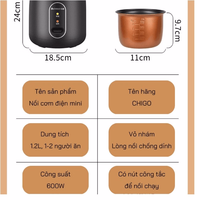 Nồi Cơm Điện Mini Chigo 1.2L Phong Cách Nhật Bản Ctb532 - Bechip - Ảnh 9