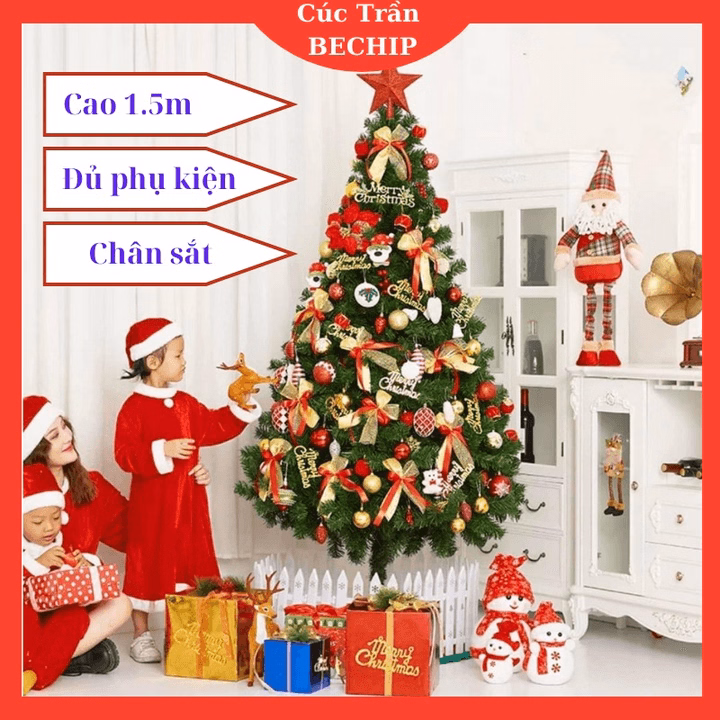 Cây Thông Noel Cao 1,5M, Chân Sắt Đầy Đủ Phụ Kiện Trang Trí Noel Ctb534 - Bechip