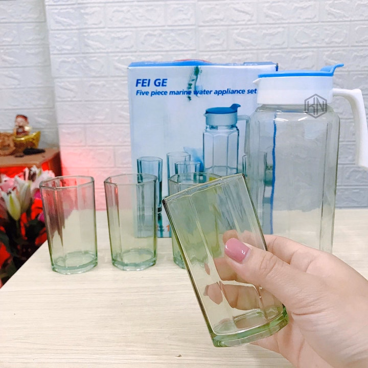 Bộ Bình Đựng Nước Thủy Tinh Kèm 4 Ly Hình Trụ Lục Giác - Su - Ảnh 2