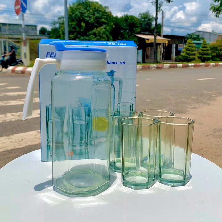 Bộ Bình Đựng Nước Thủy Tinh Kèm 4 Ly Hình Trụ Lục Giác - Su - Ảnh 3