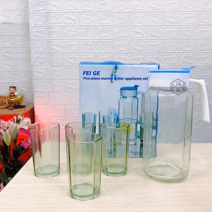 Bộ Bình Đựng Nước Thủy Tinh Kèm 4 Ly Hình Trụ Lục Giác - Su - Ảnh 4