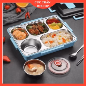 Hộp Cơm Văn Phòng 5 Ngăn Giữ Nhiệt Lõi Inox 304 Tặng Kèm Muỗng, Đũa, Có Khay Để Điện Thoại Lunch Box Ctb580 - Bechip