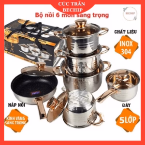 Bộ Nồi Đức Inox 6 Món, 12 Chi Tiết, Nắp Kính, Sang Trọng Ctb61 - Bechip