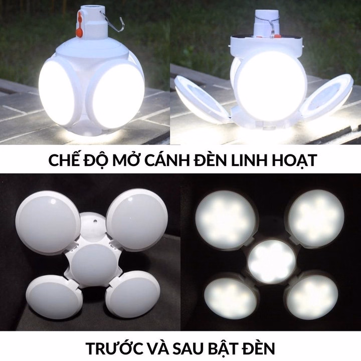 Bóng Đèn Tích Điện Cụp Xòe 4 Cánh 5 Bóng Có Tấm Pin Năng Lượng Mặt Trời - Ảnh 7