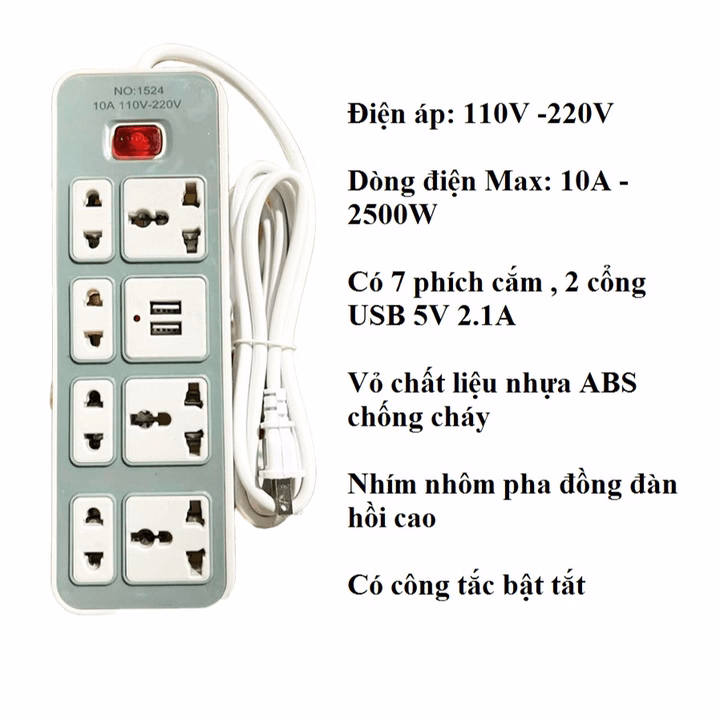 Ổ Cắm Điện No1524 (7 Lỗ Cắm + 2 Usb) Dây Dài 3M -Su