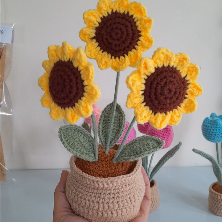 Chậu Hoa Len Hướng Dương 3 Bông Handmade Yk26-Yukishop - Ảnh 2