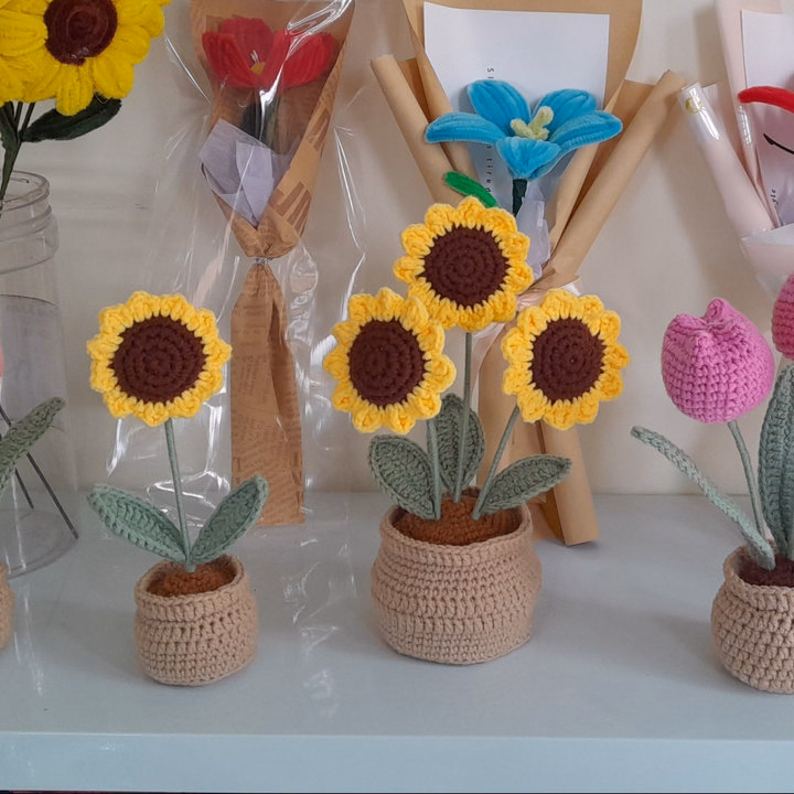 Chậu Hoa Len Hướng Dương 3 Bông Handmade Yk26-Yukishop - Ảnh 3