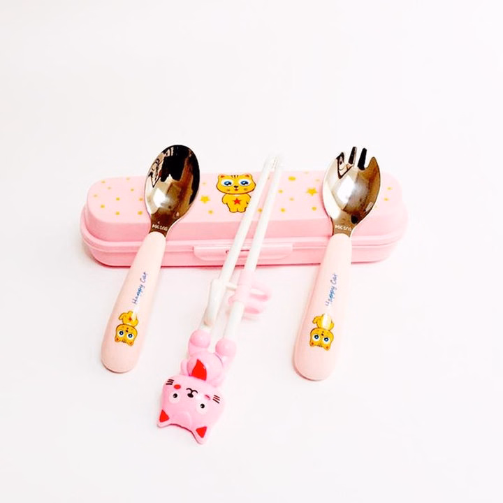 Bộ Đũa Thìa Inox Happycat Chống Gỉ An Toàn Cho Bé Tập Ăn 00585 - Lady'S Passion - Ảnh 2