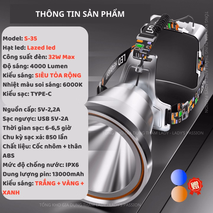 Đèn Pin Đội Đầu Siêu Sáng Tỏa Rộng S35, Sạc Dự Phòng Chống Nước Ipx7, Độ Sáng 4000 Lumen, 3 Chế Độ Ánh Sáng Gd184 - Lady'S Passion - Ảnh 2
