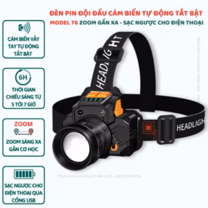 Đèn Pin Đội Đầu T6 Cảm Biến Vẫy Tay Siêu Sáng Kiêm Sạc Dự Phòng Điện Thoại, Zoom Gần Xa Gd185 - Lady'S Passion