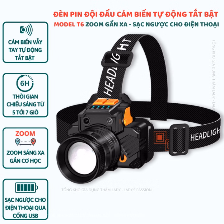 Đèn Pin Đội Đầu T6 Cảm Biến Vẫy Tay Siêu Sáng Kiêm Sạc Dự Phòng Điện Thoại, Zoom Gần Xa Gd185 - Lady'S Passion