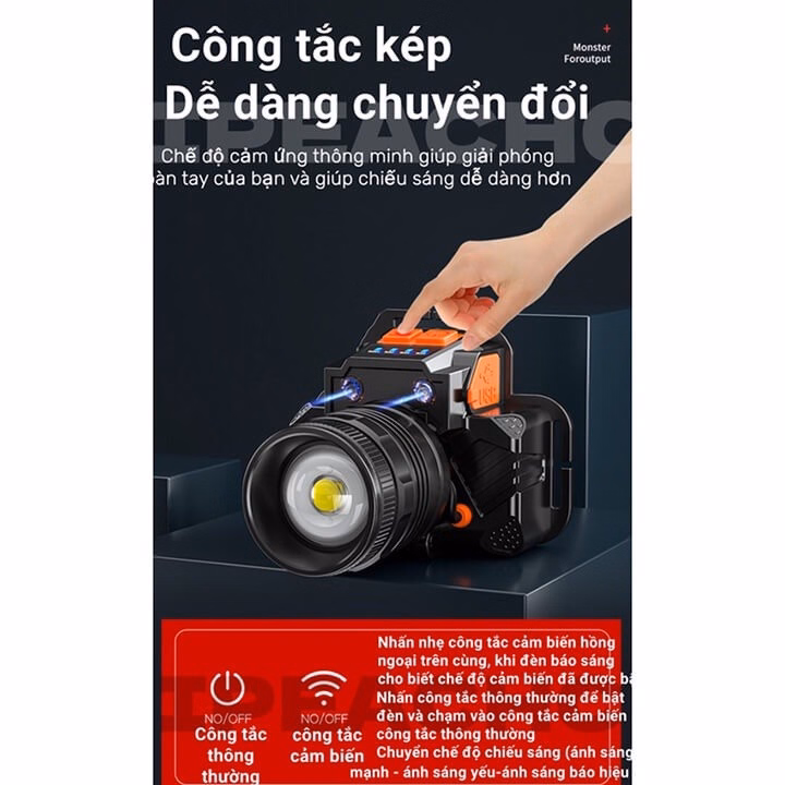 Đèn Pin Đội Đầu T6 Cảm Biến Vẫy Tay Siêu Sáng Kiêm Sạc Dự Phòng Điện Thoại, Zoom Gần Xa Gd185 - Lady'S Passion - Ảnh 3
