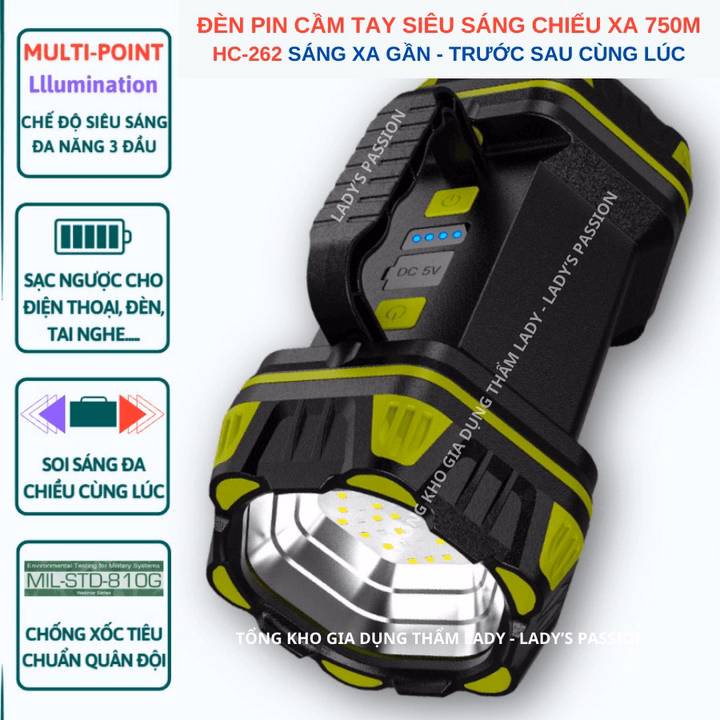 Đèn Pin Cầm Tay Siêu Sáng Hc-262 Chiếu Xa 1000 Mét, Sạc Ngược Cho Điện Thoại, Đèn Cầm Tay Dã Ngoại Cắm Trại Gd192 - Lady'S Passion