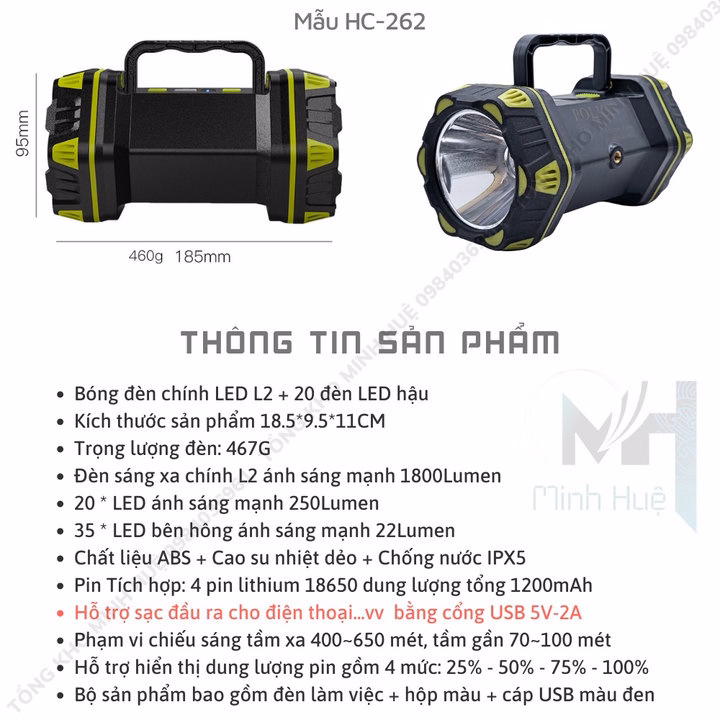 Đèn Pin Cầm Tay Siêu Sáng Hc-262 Chiếu Xa 1000 Mét, Sạc Ngược Cho Điện Thoại, Đèn Cầm Tay Dã Ngoại Cắm Trại Gd192 - Lady'S Passion - Ảnh 6