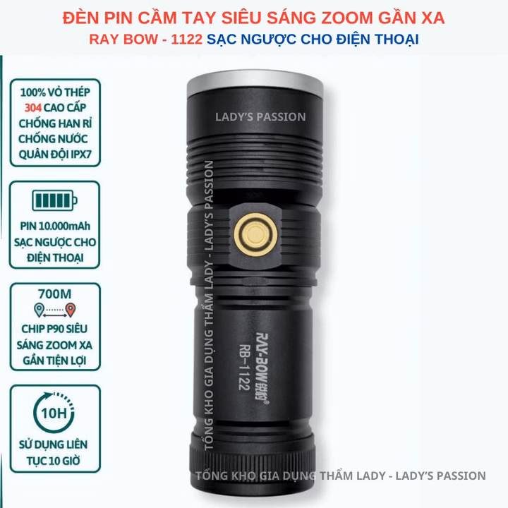 Đèn Pin Cầm Tay Siêu Sáng Ray Bow 1122 Chiếu Xa 600 Mét Có Zoom Xa Gần Chống Nước Sạc Ngược Cho Điện Thoại Cao Cấp Gd193 - Lady'S Passion