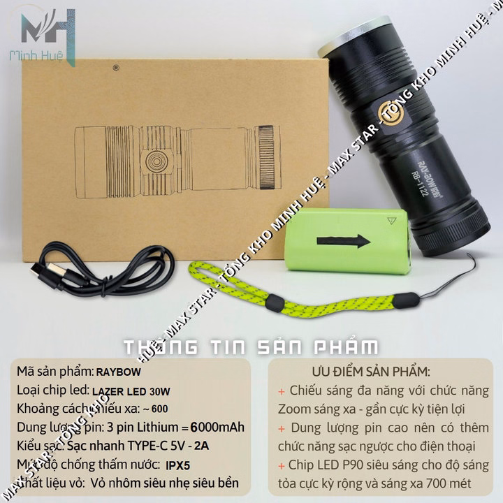 Đèn Pin Cầm Tay Siêu Sáng Ray Bow 1122 Chiếu Xa 600 Mét Có Zoom Xa Gần Chống Nước Sạc Ngược Cho Điện Thoại Cao Cấp Gd193 - Lady'S Passion - Ảnh 7