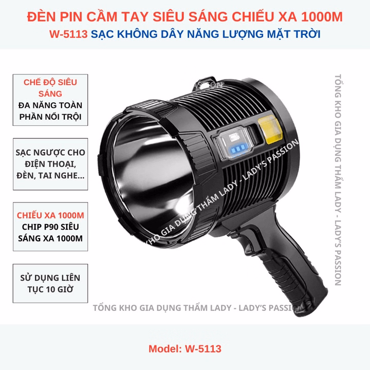 Đèn Pin Cầm Tay Siêu Sáng W5113 Chiếu Xa 1000 Mét Sạc Năng Lượng Mặt Trời Chống Nước Gd196 - Lady'S Passion