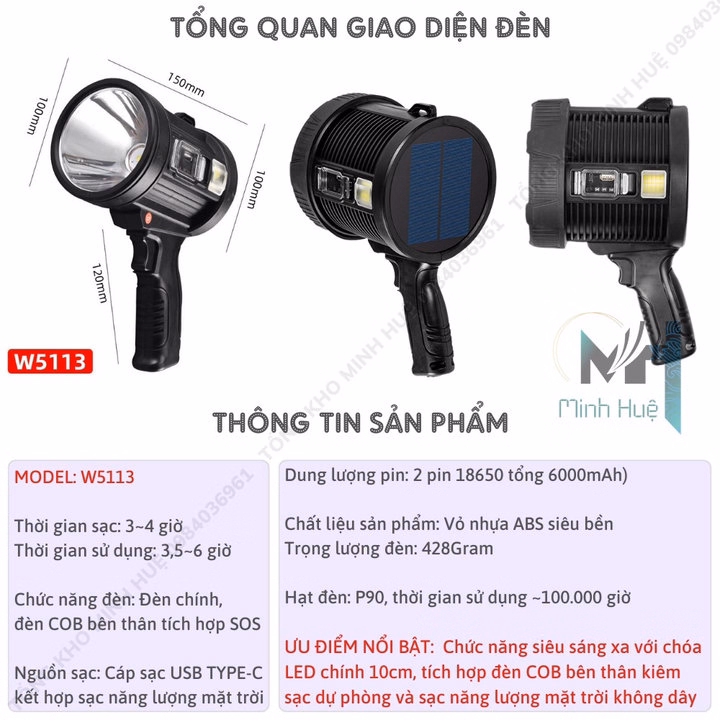 Đèn Pin Cầm Tay Siêu Sáng W5113 Chiếu Xa 1000 Mét Sạc Năng Lượng Mặt Trời Chống Nước Gd196 - Lady'S Passion - Ảnh 9