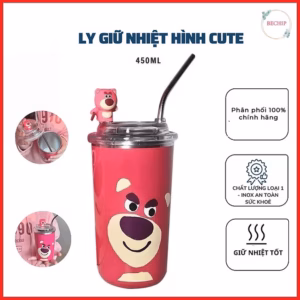 Ly Giữ Nhiệt Gấu Dâu Chất Liệu Inox 304 Kèm Ống Hút 600Ml Ctb199 - Bechip