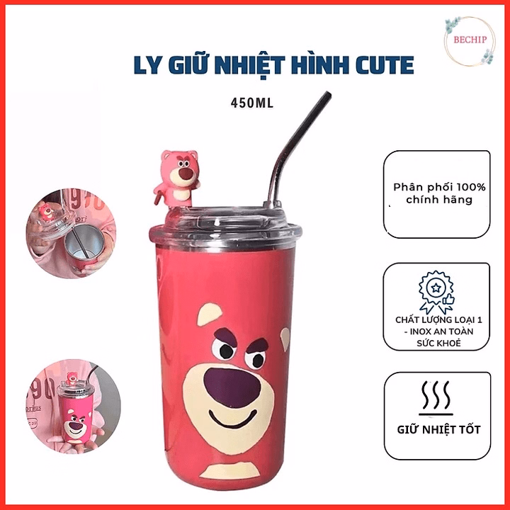 Ly Giữ Nhiệt Gấu Dâu Chất Liệu Inox 304 Kèm Ống Hút 600Ml Ctb199 - Bechip