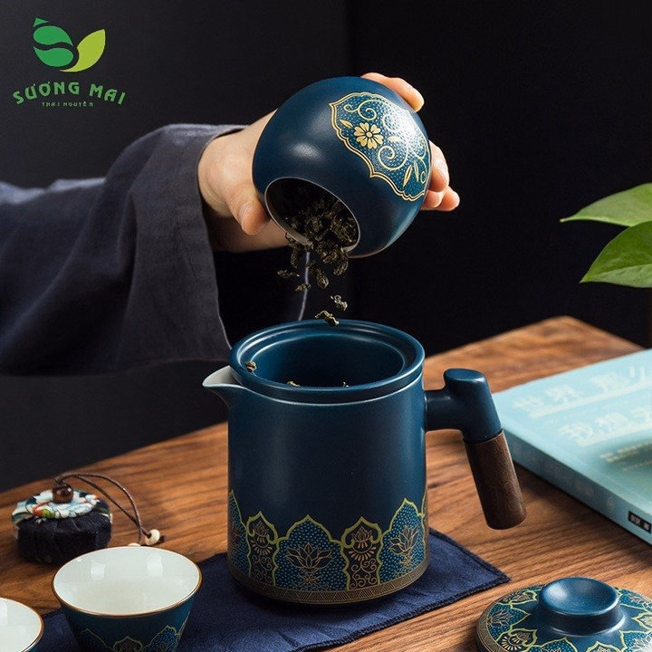 Bộ Ấm Chén Du Lịch Màu Xanh , Va Li Da Đẹp, Sang Trọng - Sương Mai - Ảnh 4