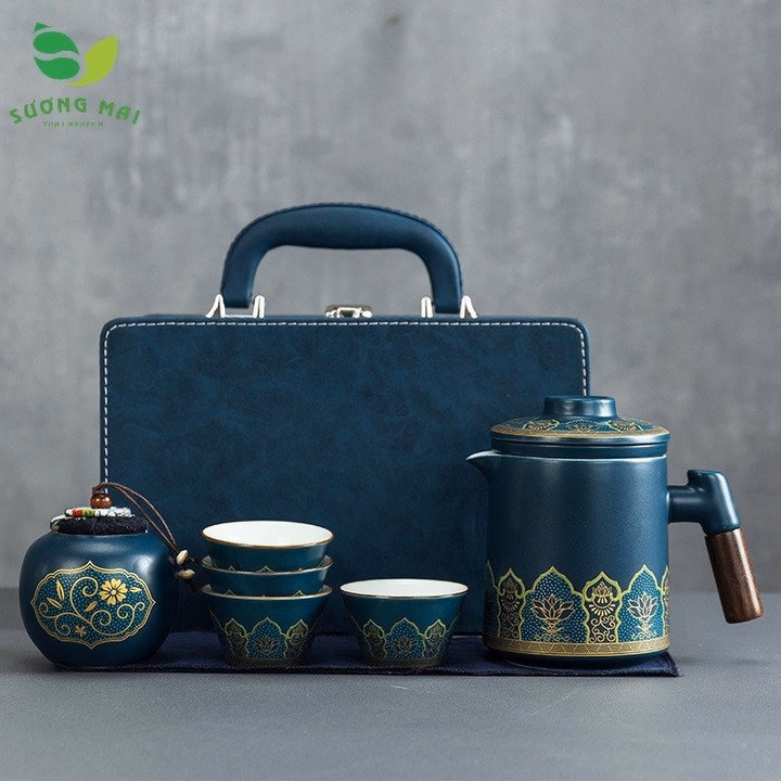 Bộ Ấm Chén Du Lịch Màu Xanh , Va Li Da Đẹp, Sang Trọng - Sương Mai - Ảnh 3
