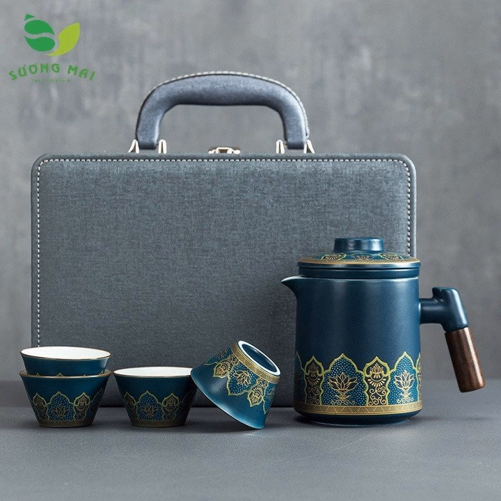 Bộ Ấm Chén Du Lịch Màu Xanh , Va Li Da Đẹp, Sang Trọng - Sương Mai - Ảnh 5