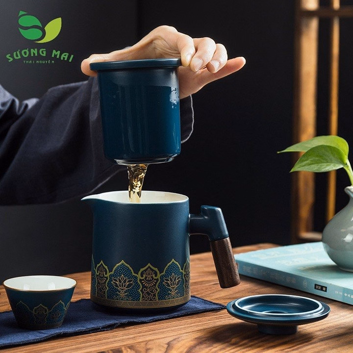 Bộ Ấm Chén Du Lịch Màu Xanh , Va Li Da Đẹp, Sang Trọng - Sương Mai - Ảnh 6
