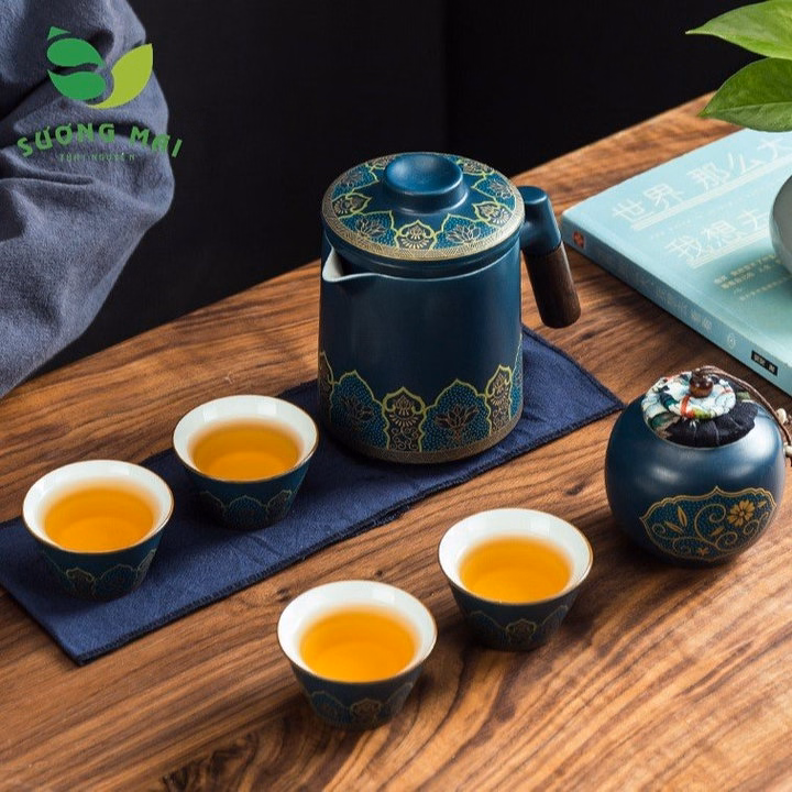 Bộ Ấm Chén Du Lịch Màu Xanh , Va Li Da Đẹp, Sang Trọng - Sương Mai - Ảnh 8