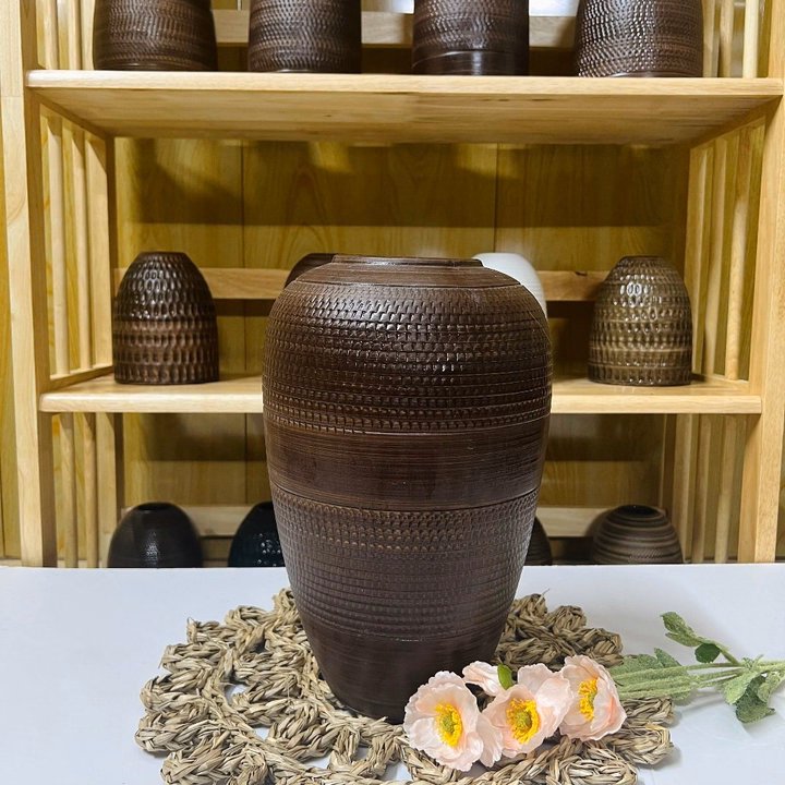 Bình Cắm Hoa Bát Tràng, Dáng Chum Cao 30Cm , Men Nâu Ganh Tay Mộc Mạc - Chipxinhxk