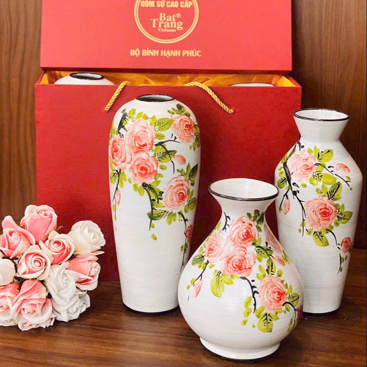 Bộ 3 Bình Gốm Vẽ Hoa Bát Tràng Làm Quà Tặng, Decor Trang Trí, Cắm Hoa - Chipxinhxk - Ảnh 3