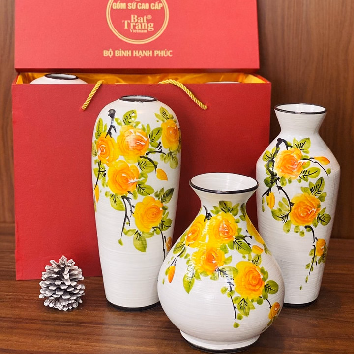 Bộ 3 Bình Gốm Vẽ Hoa Bát Tràng Làm Quà Tặng, Decor Trang Trí, Cắm Hoa - Chipxinhxk - Ảnh 8