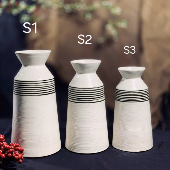 Bộ 3 Bình Gốm Bát Tràng Dáng Ly Cao Men Trắng Họa Tiết Kẻ Decor, Cắm Hoa Hồng, Ly..- Chipxinhxk - Ảnh 2