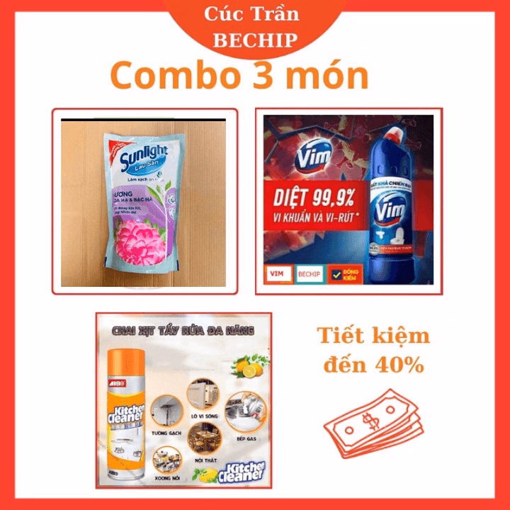 Combo Nước Lau Sàn Sunlight, Nước Tẩy Bồn Cầu Vim, Chai Xịt Tẩy Rửa Đa Năng Nhà Bếp Ctb488 - Bechip