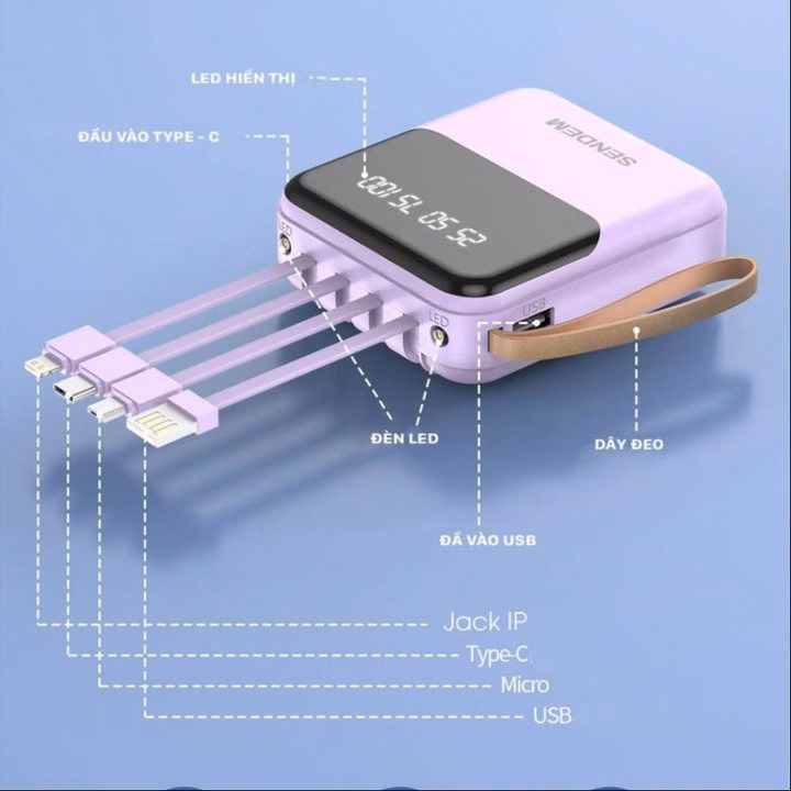 Pin Dự Phòng Sendem P301 10.000Mah Tích Hợp Cáp Sạc, Có Led Báo Phần Trăm Pin - Gdn - Ảnh 4