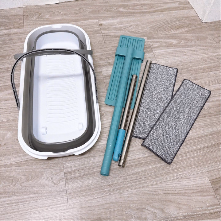 Combo Cây Vắt Phẳng Xanh 2 Bông + Xô Gấp Gọn - Su