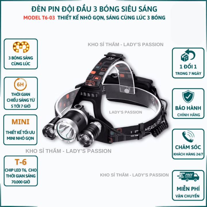 Đèn Pin Đội Đầu Siêu Sáng 3 Bóng Led T6-03 Chiếu Xa Trăm Mét Chống Nước, Va Đập Tốt Đèn Led Pha Đi Đêm Cao Cấp Gd203 - Lady'S Passion