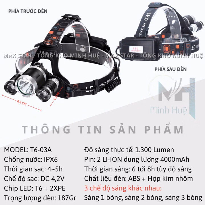Đèn Pin Đội Đầu Siêu Sáng 3 Bóng Led T6-03 Chiếu Xa Trăm Mét Chống Nước, Va Đập Tốt Đèn Led Pha Đi Đêm Cao Cấp Gd203 - Lady'S Passion - Ảnh 4