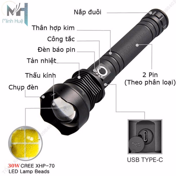 Đèn Pin Cầm Tay Siêu Sáng Xhp70 Chiếu Xa 700 Mét Chống Nước Ipx7 Pin Trâu Gd206 - Lady'S Passion - Ảnh 9