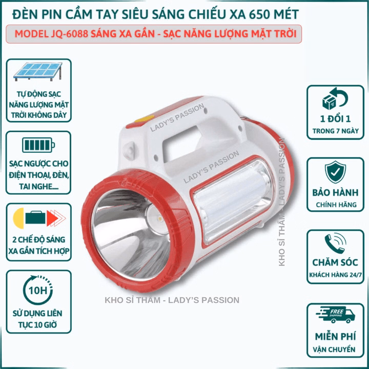 Đèn Pin Cầm Tay Siêu Sáng Jq 6088 Chiếu Xa 650 Mét Sạc Năng Lượng Mặt Trời, Sạc Ngược Cho Điện Thoại Gd207 - Lady'S Passion