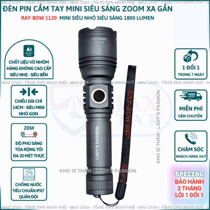 Đèn Pin Cầm Tay Mini Siêu Sáng Raybow 1120 Vỏ Nhôm Chống Nước Chip Led Lazer Siêu Sáng 10W Gd208 - Lady'S Passion