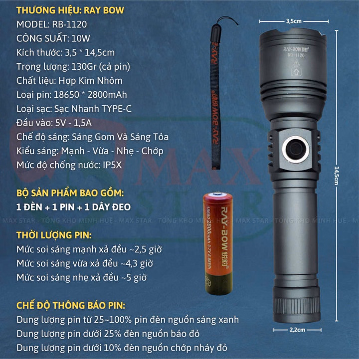 Đèn Pin Cầm Tay Mini Siêu Sáng Raybow 1120 Vỏ Nhôm Chống Nước Chip Led Lazer Siêu Sáng 10W Gd208 - Lady'S Passion - Ảnh 6