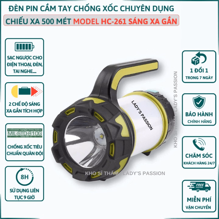 Đèn Pin Cầm Tay Siêu Sáng Hc 261 Chiếu Xa 650 Mét Sạc Ngược Cho Điện Thoại Đèn Dã Ngoại Đèn Cầm Tay Đèn Cắm Trại Gd209 - Lady'S Passion