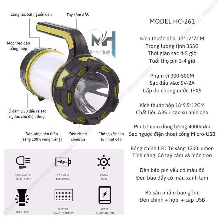 Đèn Pin Cầm Tay Siêu Sáng Hc 261 Chiếu Xa 650 Mét Sạc Ngược Cho Điện Thoại Đèn Dã Ngoại Đèn Cầm Tay Đèn Cắm Trại Gd209 - Lady'S Passion - Ảnh 6