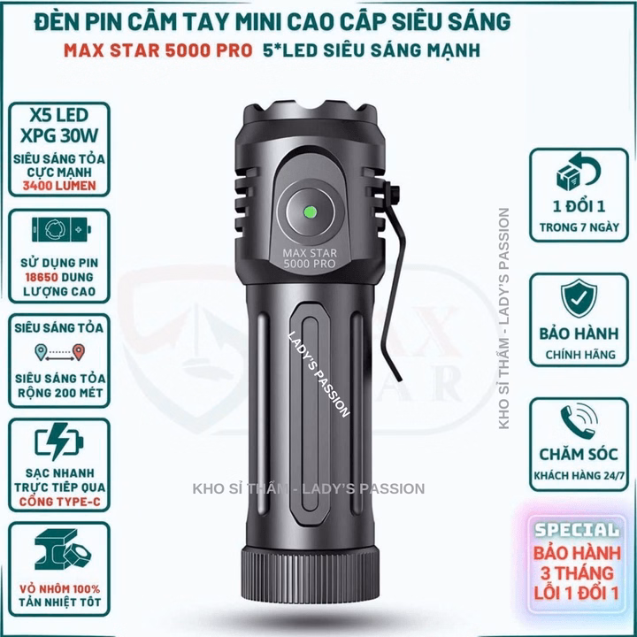 Đèn Pin Mini Cầm Tay Siêu Sáng Max Star 5000 Pro Sạc Trực Tiếp Sử Dụng Pin 18650 Siêu Sáng Mạnh Gd211 - Lady'S Passion