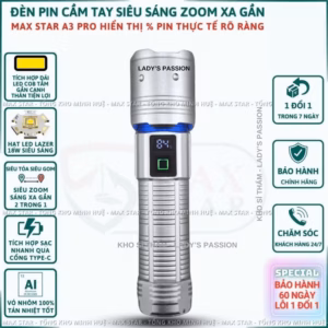 Đèn Pin Cầm Tay Siêu Sáng Zoom Xa Gần Max Star A3 Pro Hiển Thị Pin Tích Hợp Sạc Nhanh Chống Nước Ipx7 Siêu Sáng Xa 500M Gd212 - Lady'S Passion